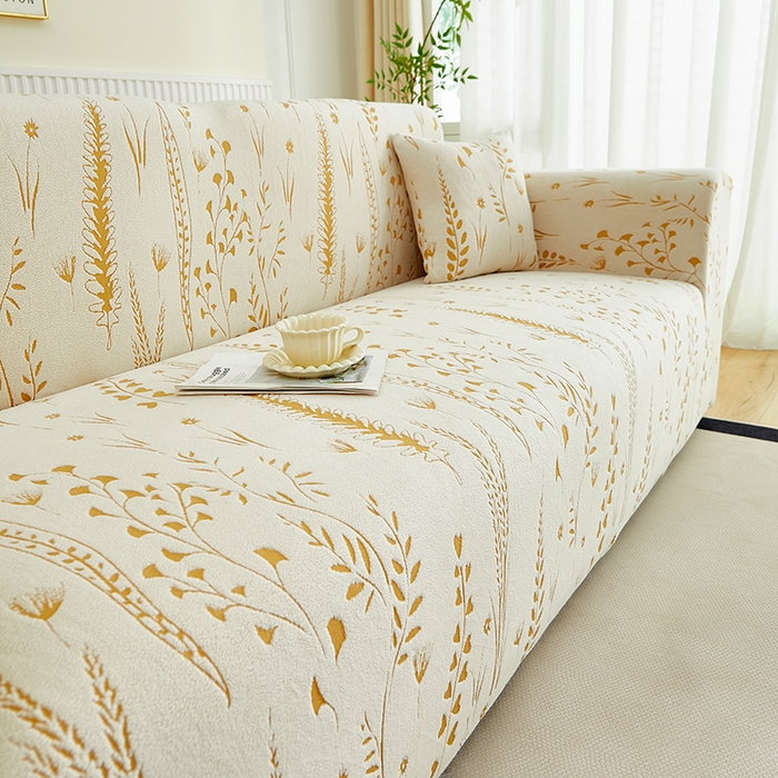 91家纺网 家纺一手货源 找家纺 丝绮鹿 2025新款雕花绒-麦浪沙发套松紧款（三人图）麦浪系列 麦浪-奶白