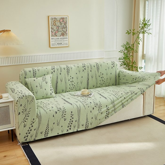 91家纺网 家纺一手货源 找家纺 丝绮鹿 2025新款雕花绒-麦浪沙发套松紧款（三人图）麦浪系列 麦浪-草绿