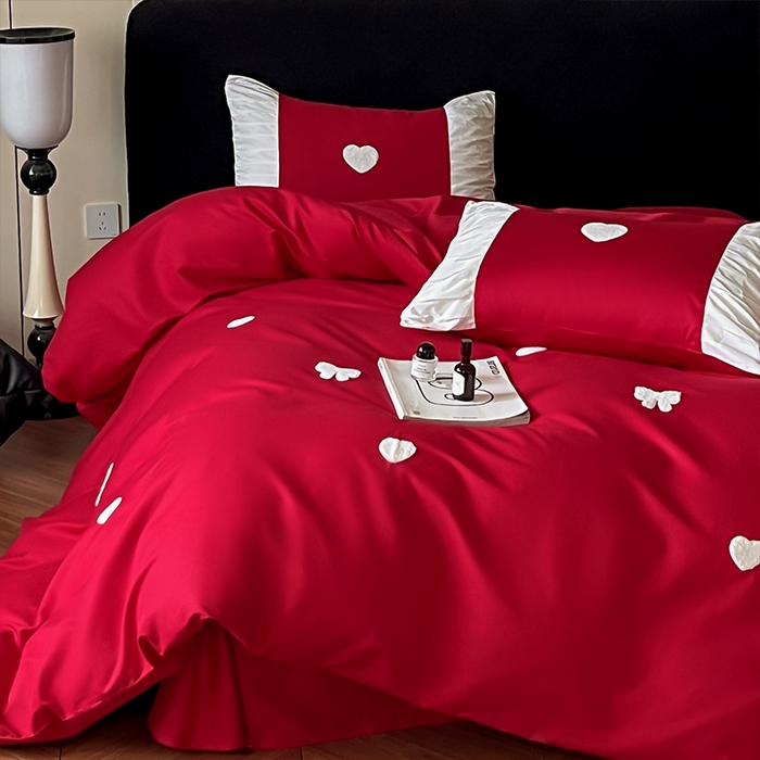 91家纺网 家纺一手货源 找家纺 理想家家纺 2025新款纯棉轻奢刺绣四件套--心愿系列场景二 心愿红