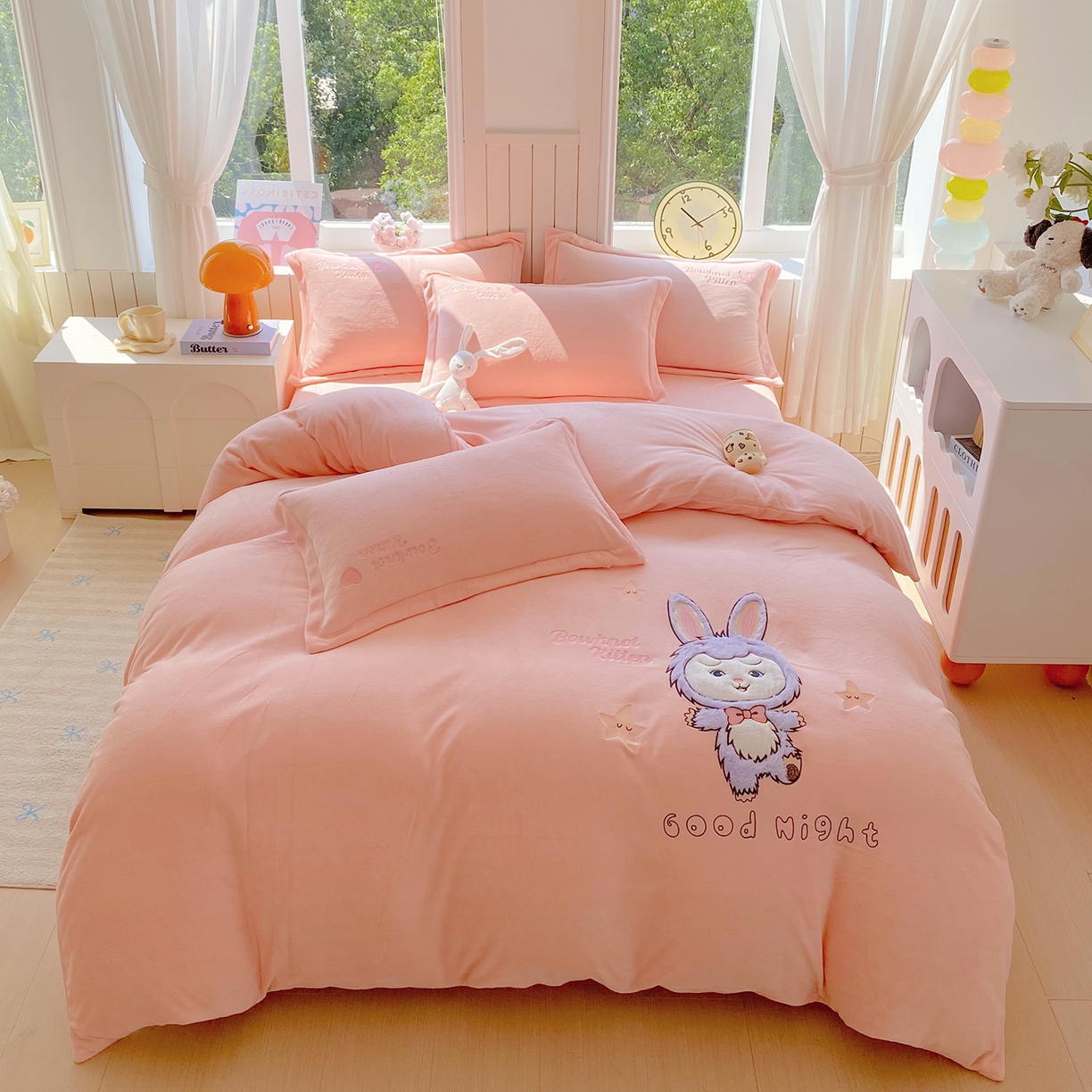 悦织湾家纺 2025新款牛奶绒四件套纯色贴布绣床单款床盖款床上用品四件套时尚小兔2025新款加厚 床单款时尚小兔-粉
