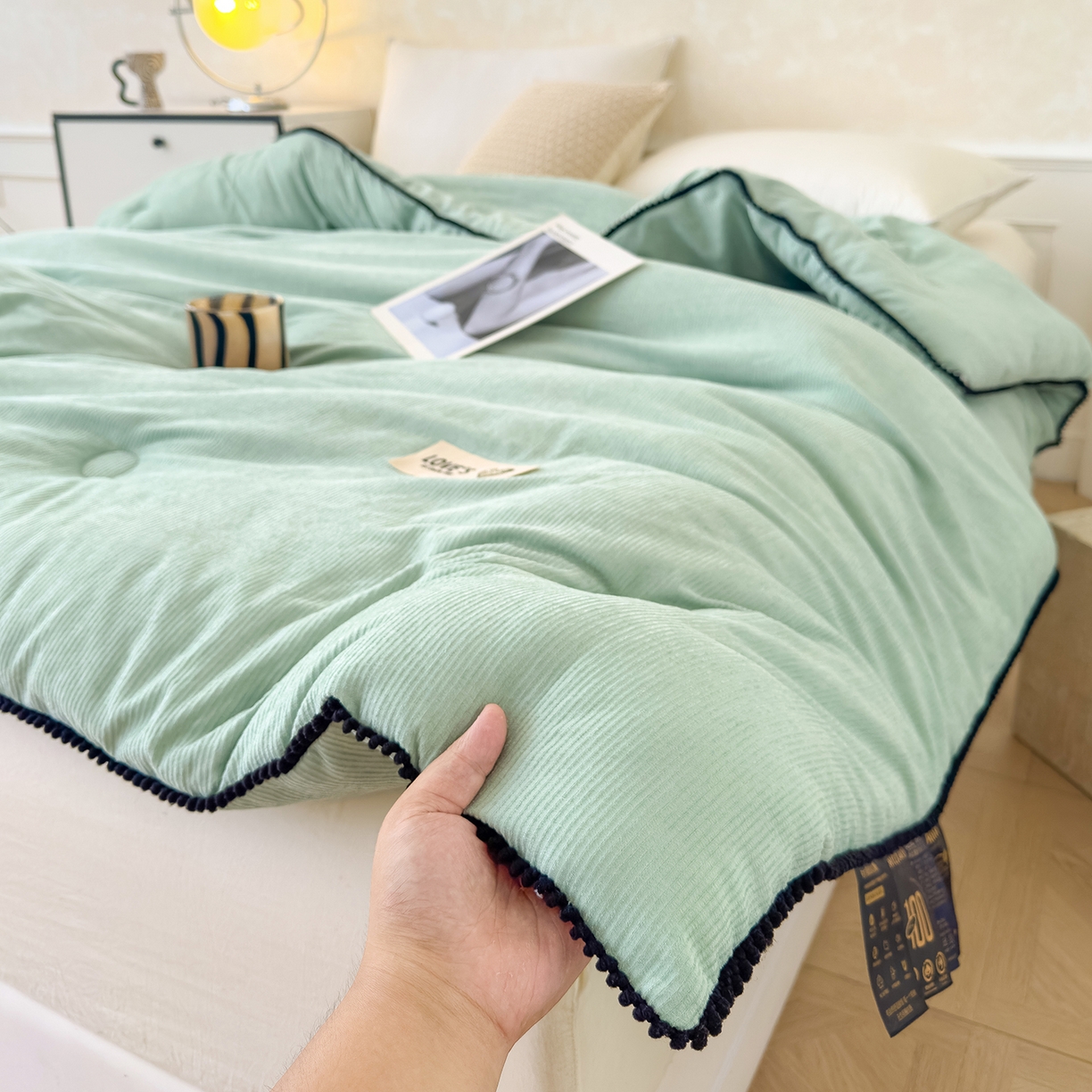 91家纺网 家纺一手货源 找家纺 蓝冰家纺 2025新款保暖雪尼绒大豆被冬被被子被芯 墨绿色