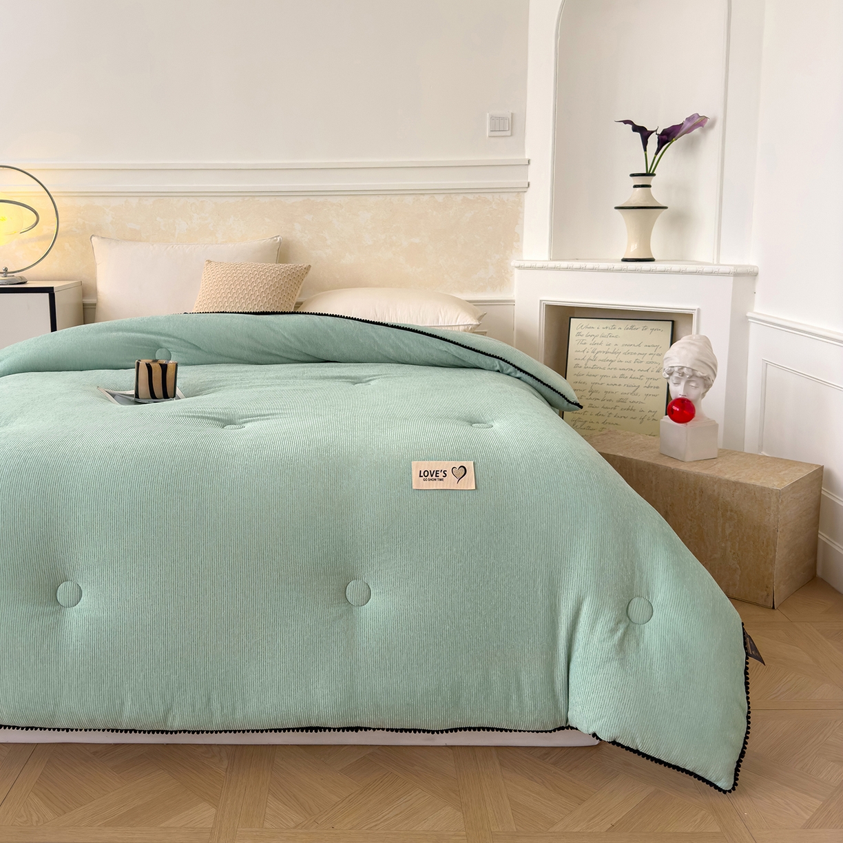 91家纺网 家纺一手货源 找家纺 蓝冰家纺 2025新款保暖雪尼绒大豆被冬被被子被芯 墨绿色