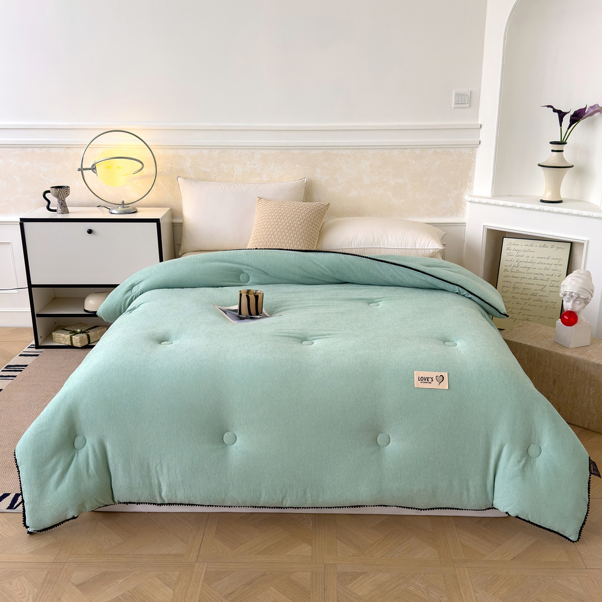 91家纺网 家纺一手货源 找家纺 蓝冰家纺 2025新款保暖雪尼绒大豆被冬被被子被芯 墨绿色