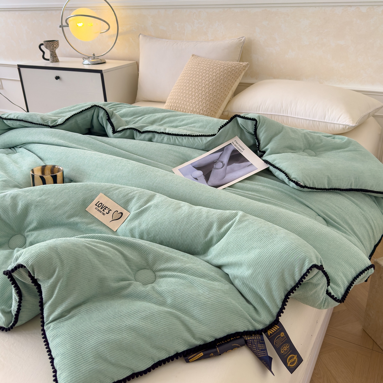 91家纺网 家纺一手货源 找家纺 蓝冰家纺 2025新款保暖雪尼绒大豆被冬被被子被芯 墨绿色