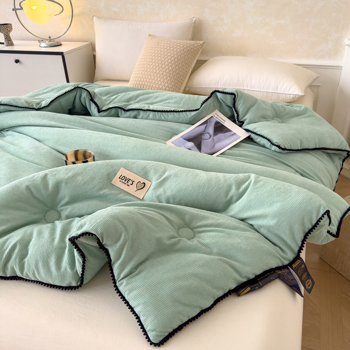 91家纺网 家纺一手货源 找家纺 蓝冰家纺 2025新款保暖雪尼绒大豆被冬被被子被芯 墨绿色