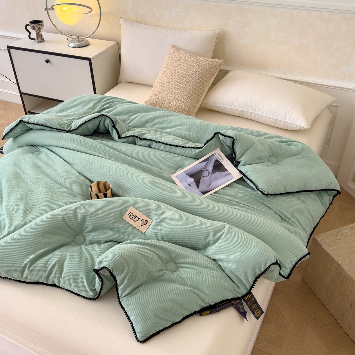 91家纺网 家纺一手货源 找家纺 蓝冰家纺 2025新款保暖雪尼绒大豆被冬被被子被芯 墨绿色