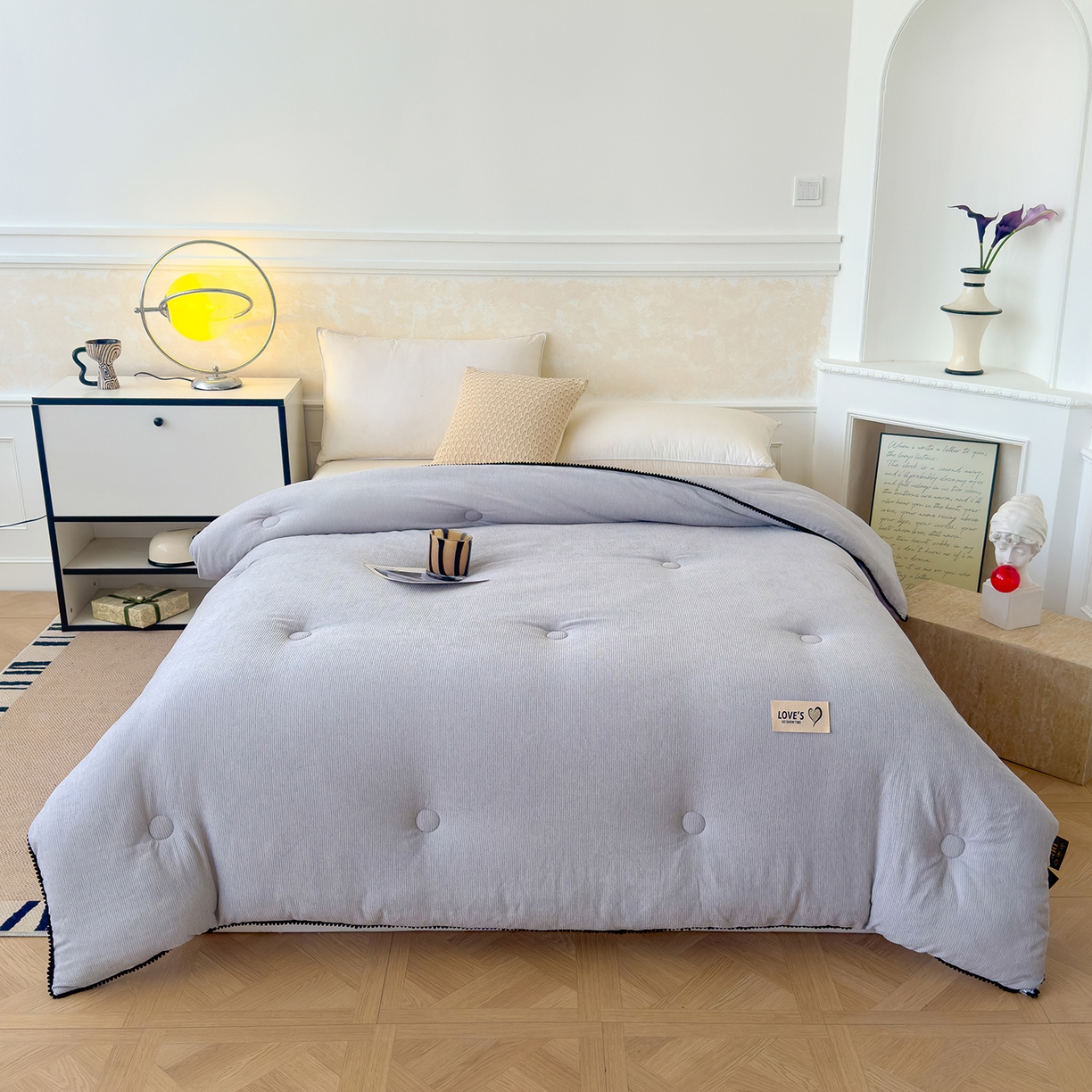 91家纺网 家纺一手货源 找家纺 蓝冰家纺 2025新款保暖雪尼绒大豆被冬被被子被芯 典雅灰