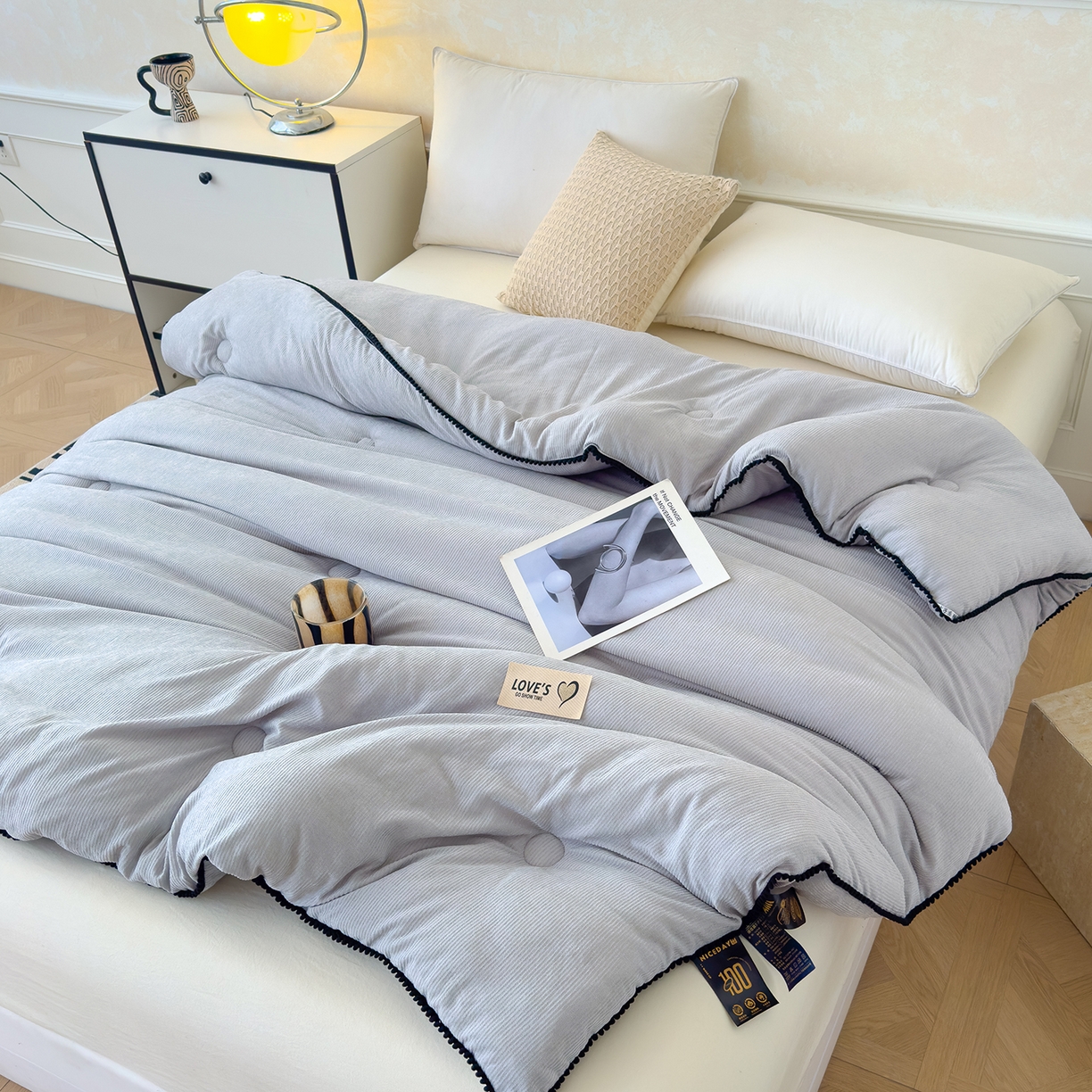 91家纺网 家纺一手货源 找家纺 蓝冰家纺 2025新款保暖雪尼绒大豆被冬被被子被芯 典雅灰