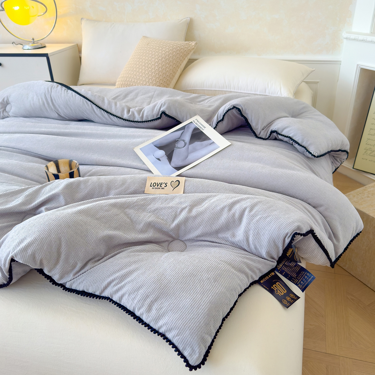 91家纺网 家纺一手货源 找家纺 蓝冰家纺 2025新款保暖雪尼绒大豆被冬被被子被芯 典雅灰