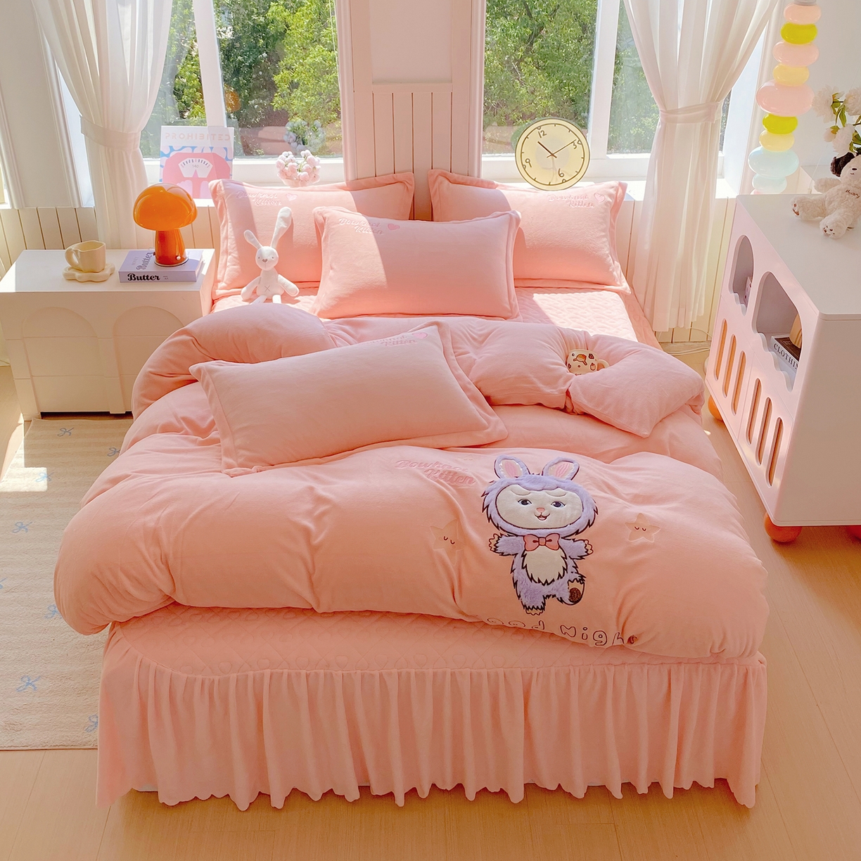 悦织湾家纺 2025新款牛奶绒四件套纯色贴布绣床单款床盖款床上用品四件套时尚小兔2025新款加厚 床盖款-时尚小兔-粉