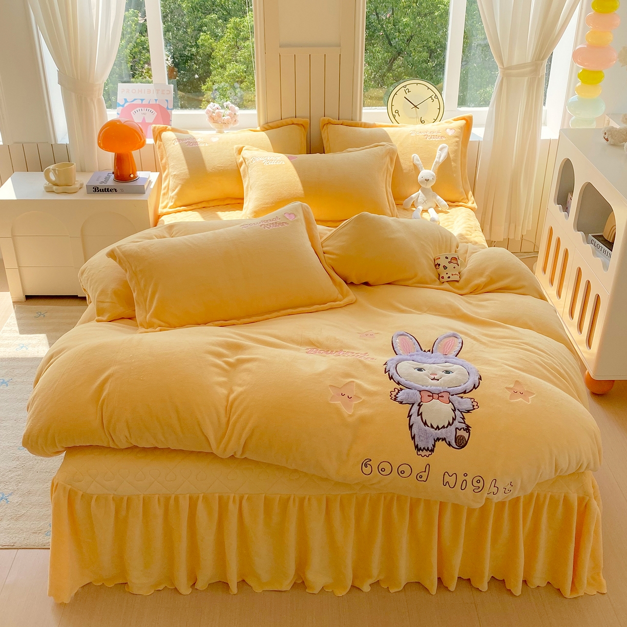 悦织湾家纺 2025新款牛奶绒四件套纯色贴布绣床单款床盖款床上用品四件套时尚小兔2025新款加厚 床盖款-时尚小兔-黄