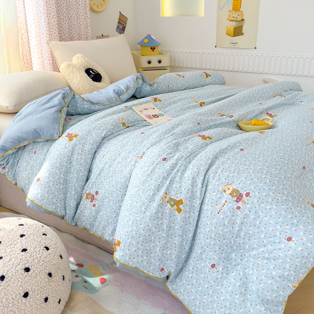 91家纺网 家纺一手货源 找家纺 蓝冰家纺 2025新款亚朵棉印花大豆冬被被子被芯 可爱卡比