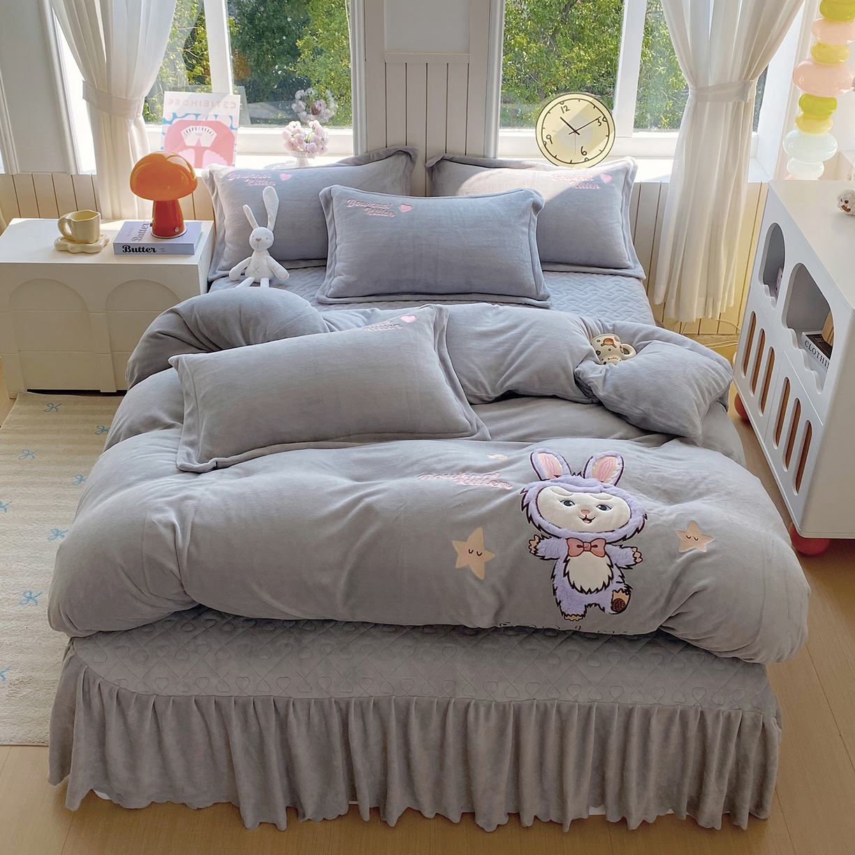 悦织湾家纺 2025新款牛奶绒四件套纯色贴布绣床单款床盖款床上用品四件套时尚小兔2025新款加厚 床盖款-时尚小兔-灰