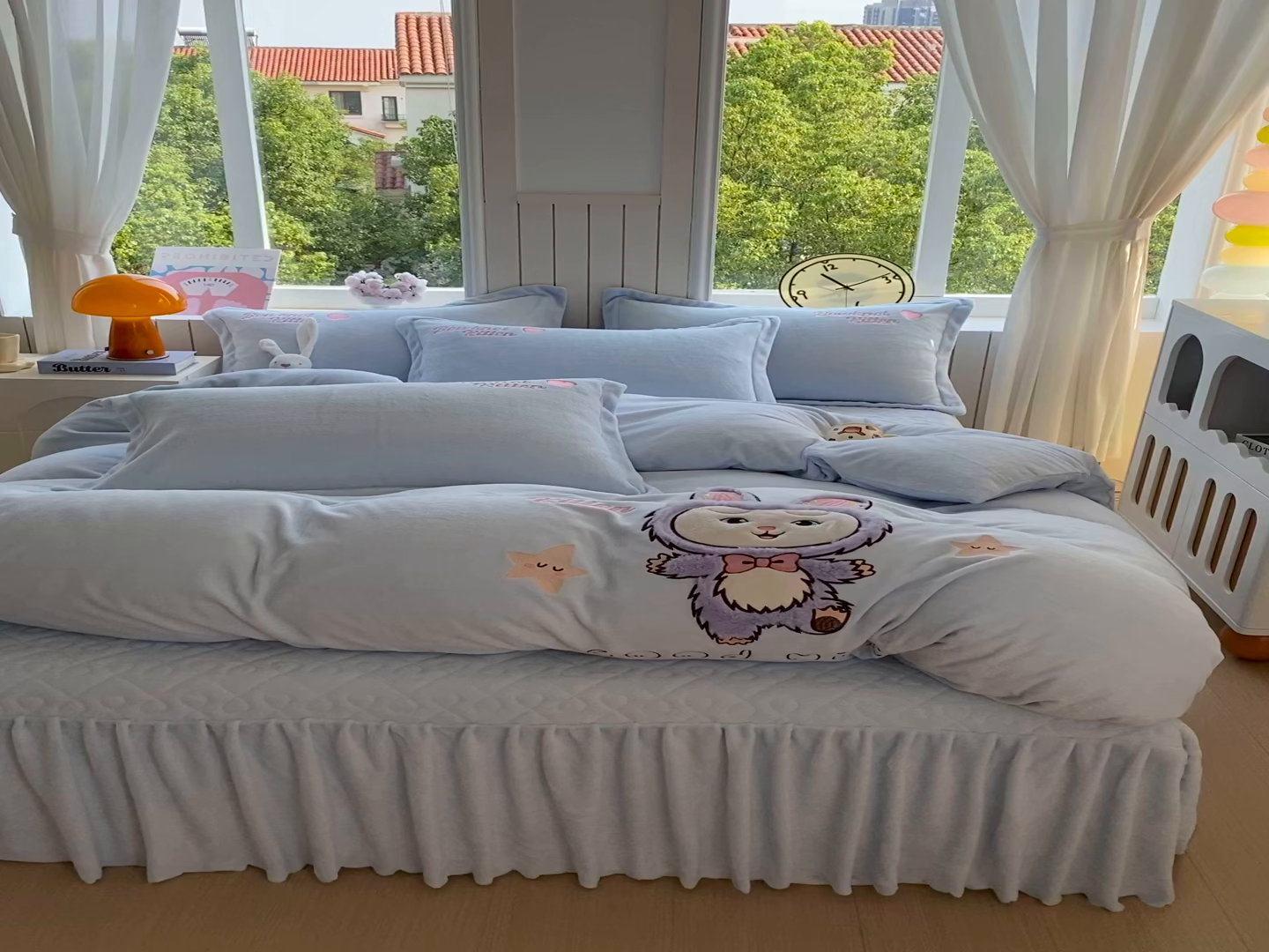 91家纺网 家纺一手货源 找家纺 悦织湾家纺 2025新款牛奶绒四件套纯色贴布绣床单款床盖款床上用品四件套时尚小兔2025新款加厚 床盖款-时尚小兔-蓝