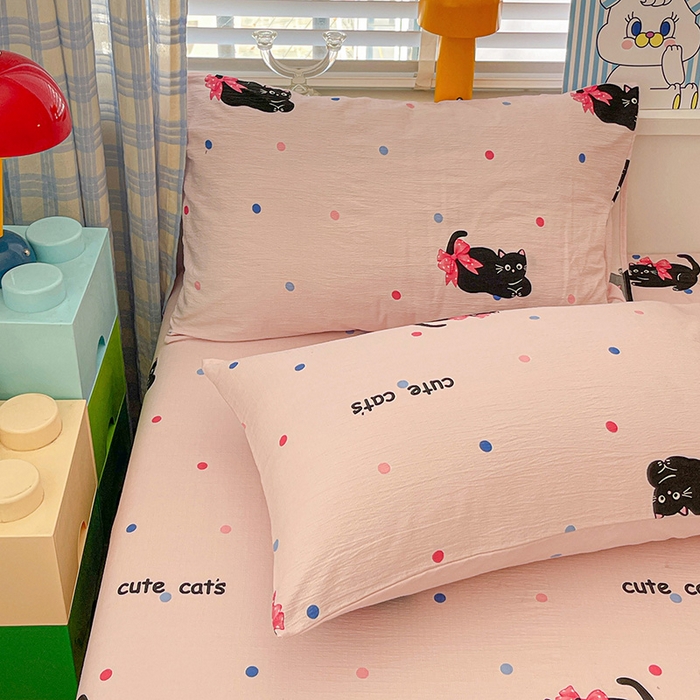 91家纺网 家纺一手货源 找家纺 维娜斯家纺 2025新款A类水洗棉双层纱床笠单件 可爱猫咪