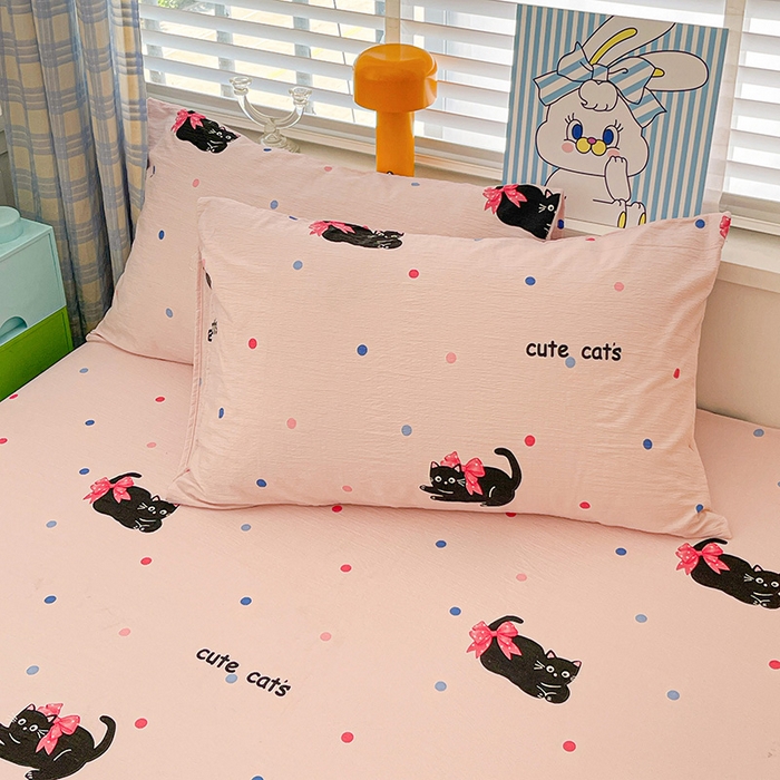 91家纺网 家纺一手货源 找家纺 维娜斯家纺 2025新款A类水洗棉双层纱床笠单件 可爱猫咪