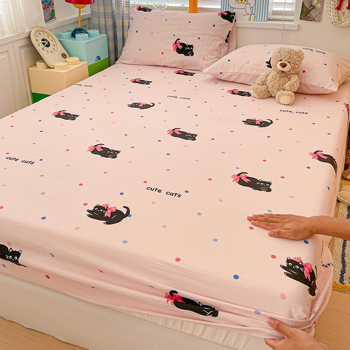 91家纺网 家纺一手货源 找家纺 维娜斯家纺 2025新款A类水洗棉双层纱床笠单件 可爱猫咪