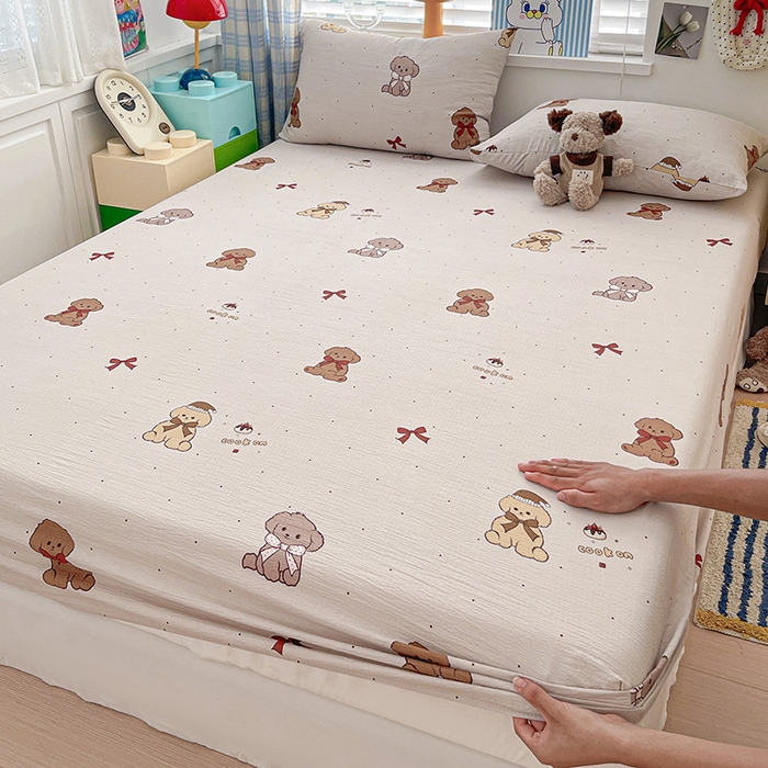 91家纺网 家纺一手货源 找家纺 维娜斯家纺 2025新款A类水洗棉双层纱床笠单件 甜心派对