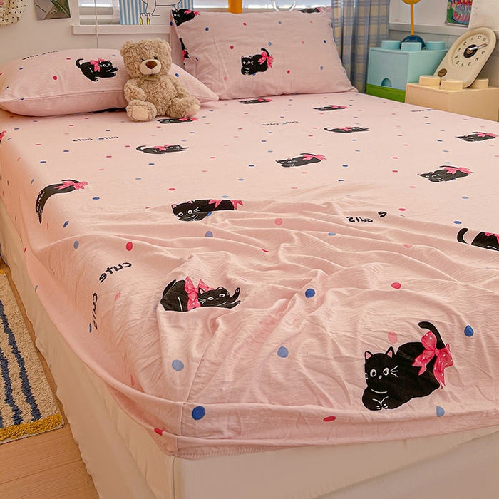 91家纺网 家纺一手货源 找家纺 维娜斯家纺 2025新款A类水洗棉双层纱床笠单件 可爱猫咪