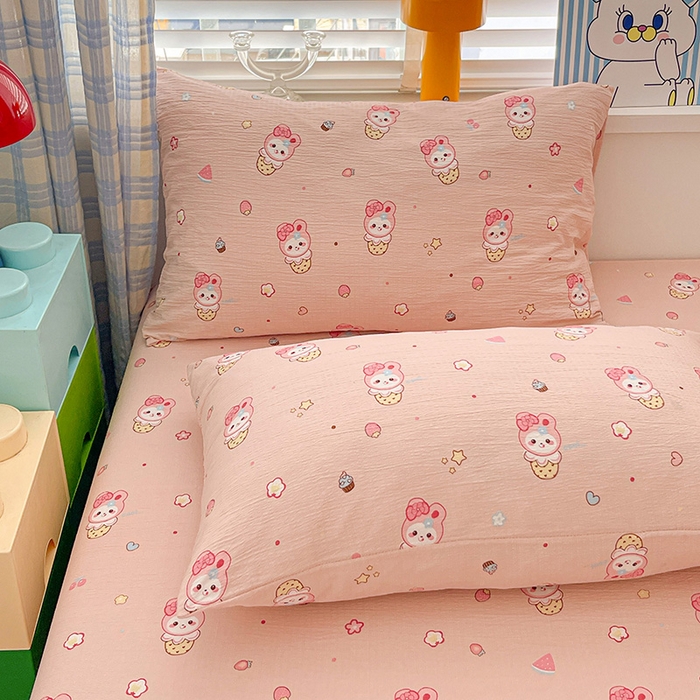 91家纺网 家纺一手货源 找家纺 维娜斯家纺 2025新款A类水洗棉双层纱床笠单件 小兔莉莉