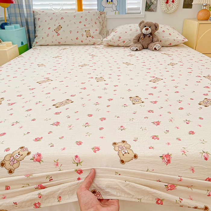 91家纺网 家纺一手货源 找家纺 维娜斯家纺 2025新款A类水洗棉双层纱床笠单件 小熊花园