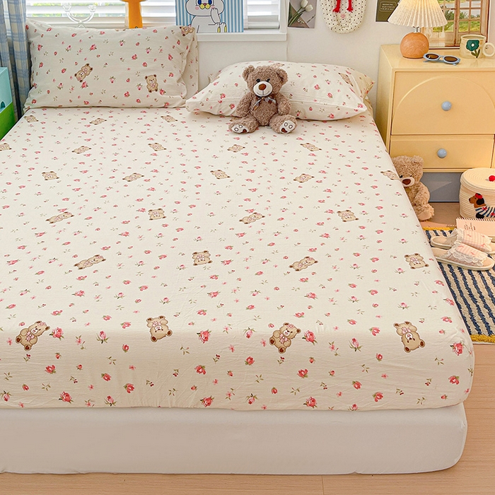 91家纺网 家纺一手货源 找家纺 维娜斯家纺 2025新款A类水洗棉双层纱床笠单件 小熊花园