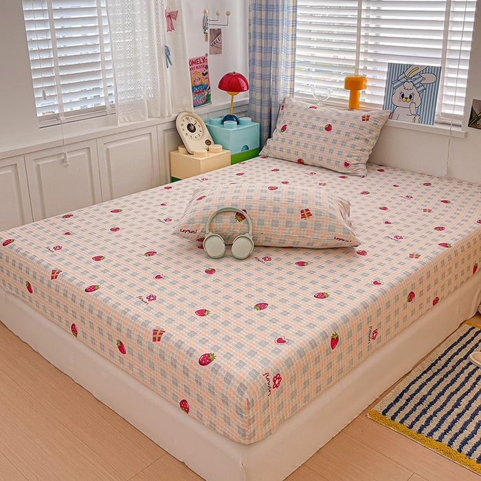 91家纺网 家纺一手货源 找家纺 维娜斯家纺 2025新款A类水洗棉双层纱床笠单件 奶油草莓