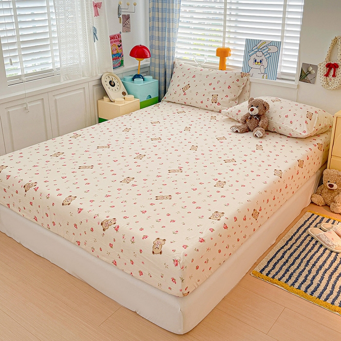 91家纺网 家纺一手货源 找家纺 维娜斯家纺 2025新款A类水洗棉双层纱床笠单件 小熊花园