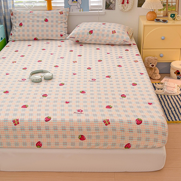 91家纺网 家纺一手货源 找家纺 维娜斯家纺 2025新款A类水洗棉双层纱床笠单件 奶油草莓