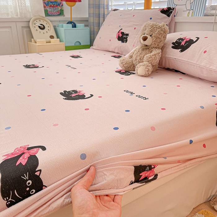 91家纺网 家纺一手货源 找家纺 维娜斯家纺 2025新款A类水洗棉双层纱床笠单件 可爱猫咪