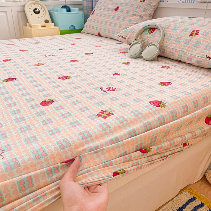 91家纺网 家纺一手货源 找家纺 维娜斯家纺 2025新款A类水洗棉双层纱床笠单件 奶油草莓