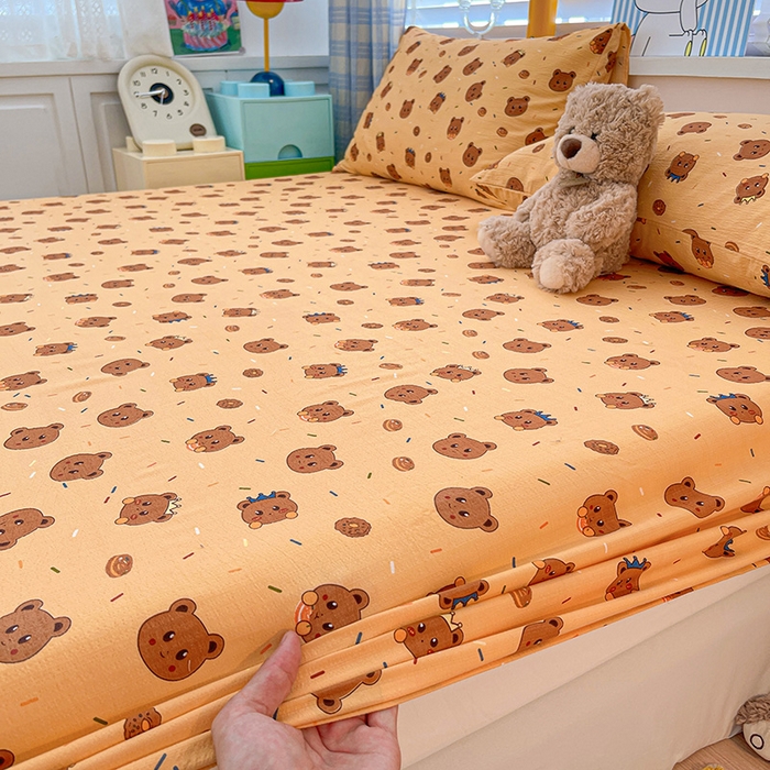 91家纺网 家纺一手货源 找家纺 维娜斯家纺 2025新款A类水洗棉双层纱床笠单件 小熊派对