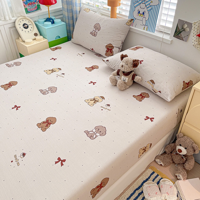 91家纺网 家纺一手货源 找家纺 维娜斯家纺 2025新款A类水洗棉双层纱床笠单件 甜心派对