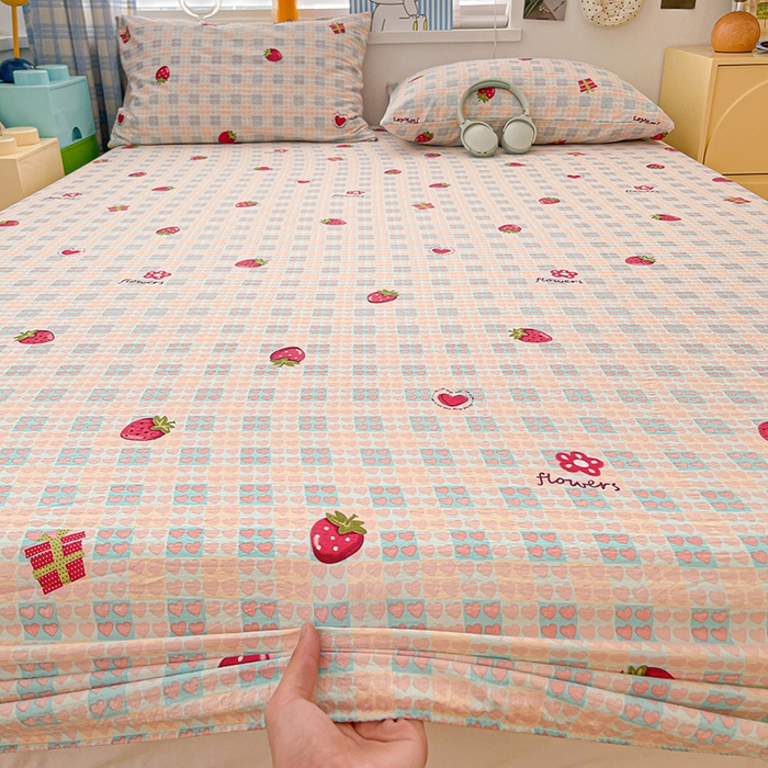 91家纺网 家纺一手货源 找家纺 维娜斯家纺 2025新款A类水洗棉双层纱床笠单件 奶油草莓