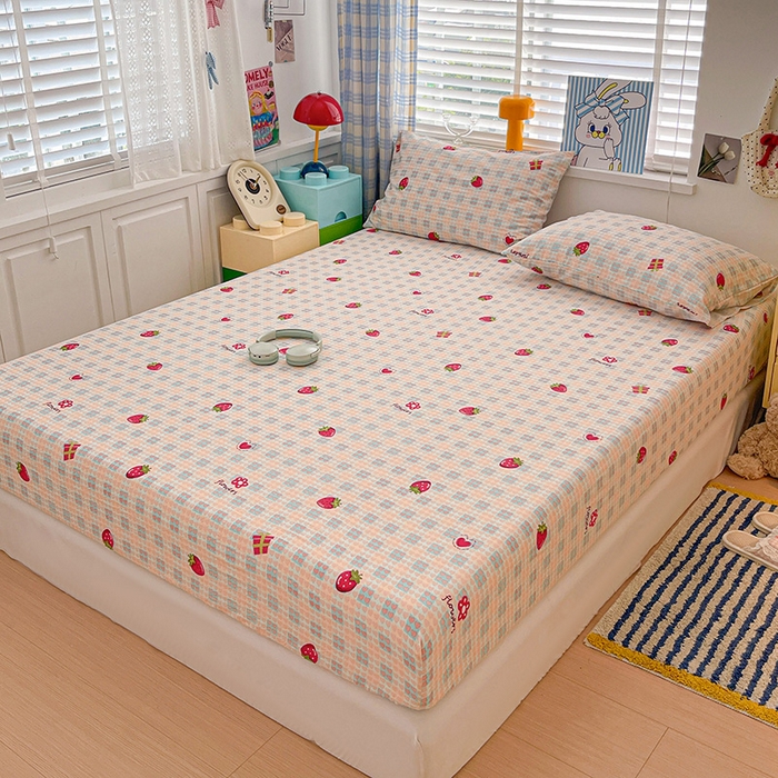 91家纺网 家纺一手货源 找家纺 维娜斯家纺 2025新款A类水洗棉双层纱床笠单件 奶油草莓