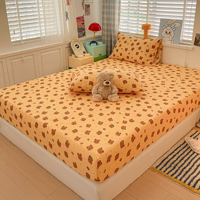 91家纺网 家纺一手货源 找家纺 维娜斯家纺 2025新款A类水洗棉双层纱床笠单件 小熊派对