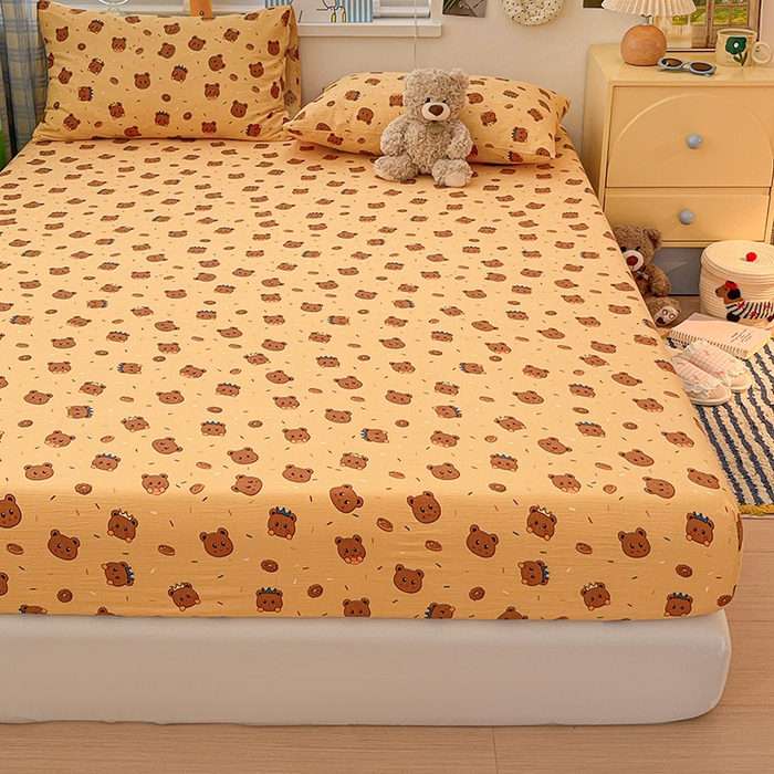 91家纺网 家纺一手货源 找家纺 维娜斯家纺 2025新款A类水洗棉双层纱床笠单件 小熊派对