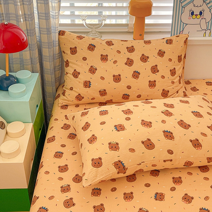 91家纺网 家纺一手货源 找家纺 维娜斯家纺 2025新款A类水洗棉双层纱床笠单件 小熊派对