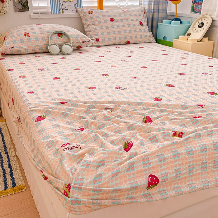 91家纺网 家纺一手货源 找家纺 维娜斯家纺 2025新款A类水洗棉双层纱床笠单件 奶油草莓