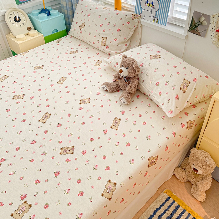 91家纺网 家纺一手货源 找家纺 维娜斯家纺 2025新款A类水洗棉双层纱床笠单件 小熊花园