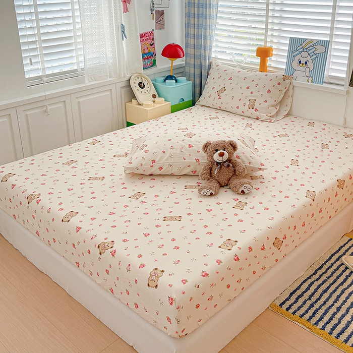 91家纺网 家纺一手货源 找家纺 维娜斯家纺 2025新款A类水洗棉双层纱床笠单件 小熊花园