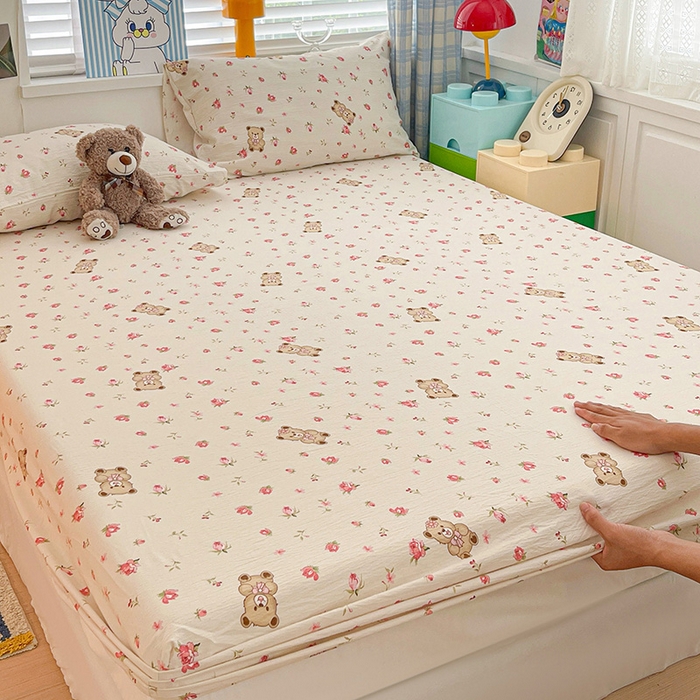 91家纺网 家纺一手货源 找家纺 维娜斯家纺 2025新款A类水洗棉双层纱床笠单件 小熊花园