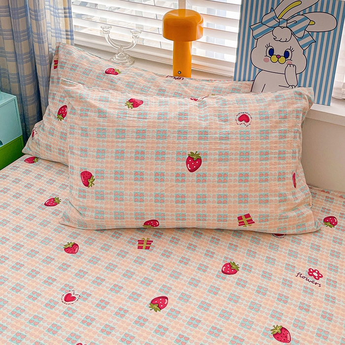 91家纺网 家纺一手货源 找家纺 维娜斯家纺 2025新款A类水洗棉双层纱床笠单件 奶油草莓