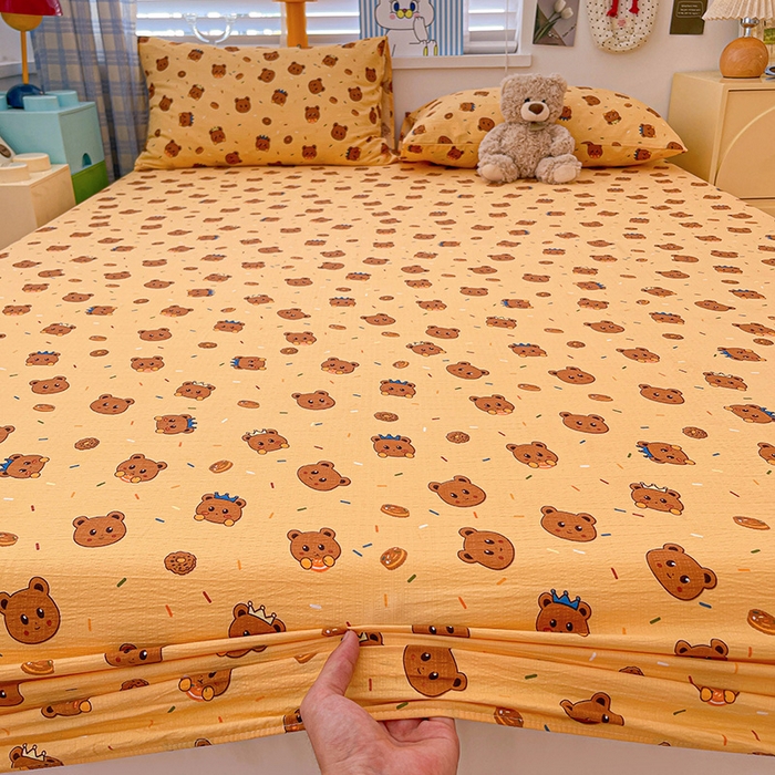 91家纺网 家纺一手货源 找家纺 维娜斯家纺 2025新款A类水洗棉双层纱床笠单件 小熊派对