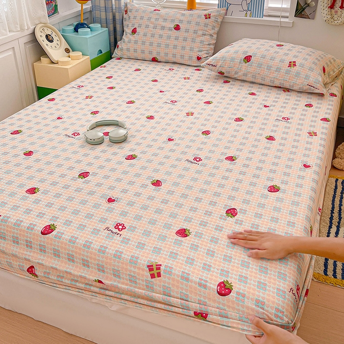 91家纺网 家纺一手货源 找家纺 维娜斯家纺 2025新款A类水洗棉双层纱床笠单件 奶油草莓