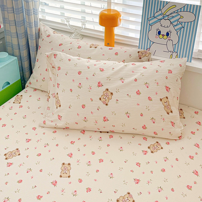 91家纺网 家纺一手货源 找家纺 维娜斯家纺 2025新款A类水洗棉双层纱床笠单件 小熊花园