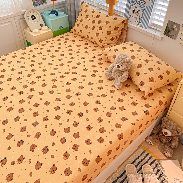 91家纺网 家纺一手货源 找家纺 维娜斯家纺 2025新款A类水洗棉双层纱床笠单件 小熊派对