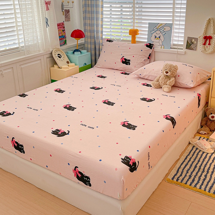 91家纺网 家纺一手货源 找家纺 维娜斯家纺 2025新款A类水洗棉双层纱床笠单件 可爱猫咪