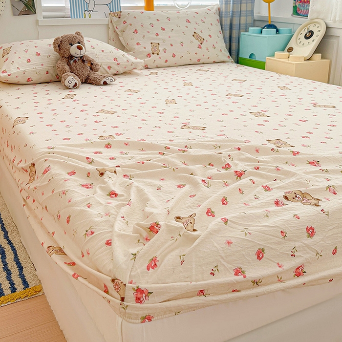 91家纺网 家纺一手货源 找家纺 维娜斯家纺 2025新款A类水洗棉双层纱床笠单件 小熊花园