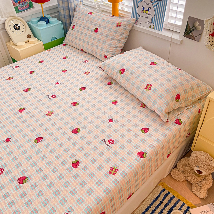 91家纺网 家纺一手货源 找家纺 维娜斯家纺 2025新款A类水洗棉双层纱床笠单件 奶油草莓